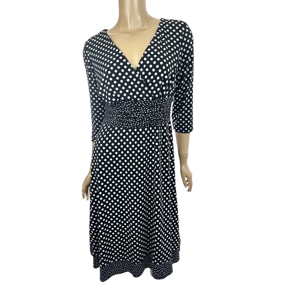 Sandra Darren Size 8 Fit &Flare Dress Black w White Dots 3/4 Sleeve Poly/Spandex - Picture 1 of 6